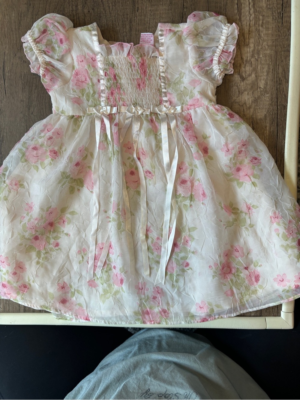 Vintage 90s 2000s Y2K Toddler Formal Dress Floral Pink Ribbons Puff Sleeve 24M